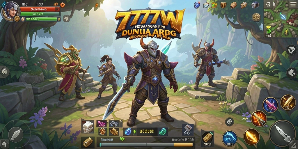 Menggambarkan pertarungan mendebarkan dalam petualangan ARPG 7777W.