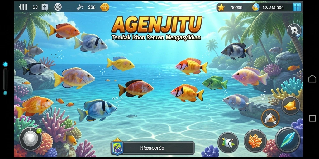 Tampilan gameplay seru di AGENJITU dengan berbagai ikan menarik.