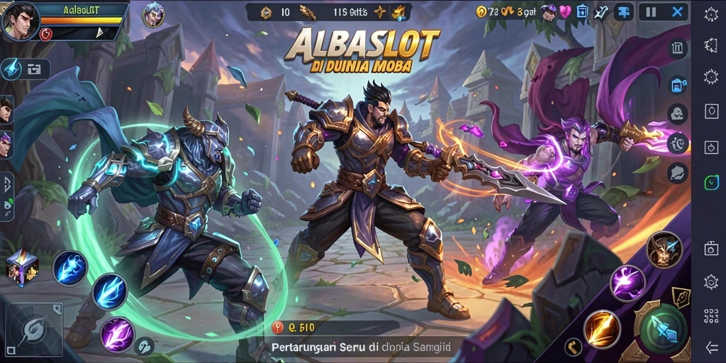 Tangkapan layar ALBASLOT menampilkan aksi bertarung yang intens di arena MOBA.