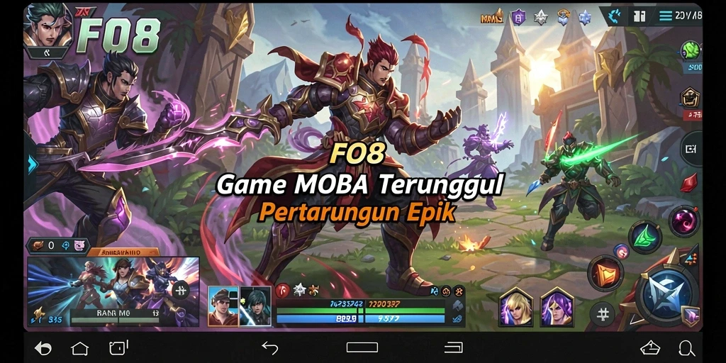 Screenshot gameplay FO8 yang menampilkan pertarungan seru di arena MOBA.