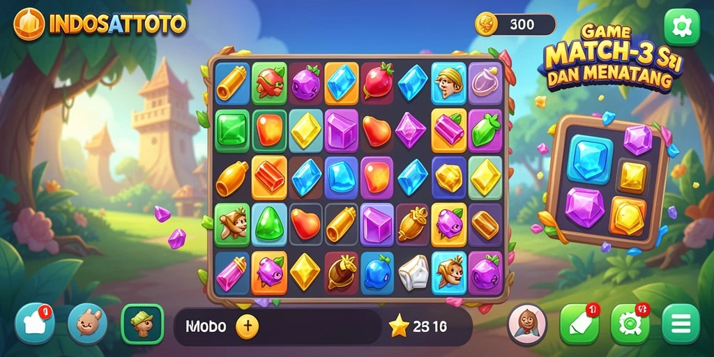 Tampilan gameplay seru INDOSATTOTO dengan permata berwarna-warni.