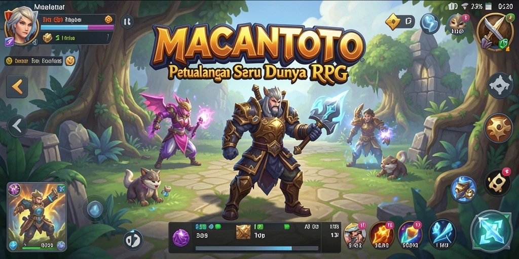 Tangkapan layar gameplay MACANTOTO yang menampilkan pertempuran epik dan eksplorasi dunia.