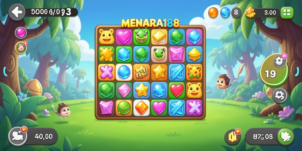 Screenshot utama MENARA188 menampilkan gameplay Match-3 yang seru.