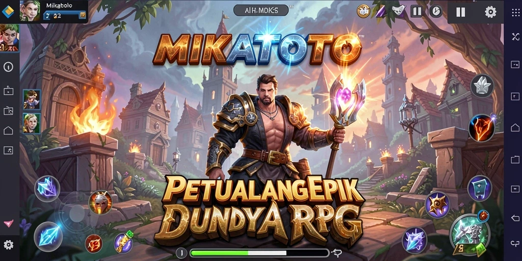 Tangkapan layar utama MIKATOTO menampilkan aksi pertempuran RPG yang seru.