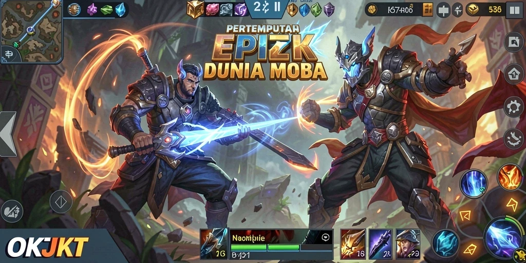 Screenshot OKJKT menampilkan aksi seru dalam permainan MOBA yang mendebarkan.