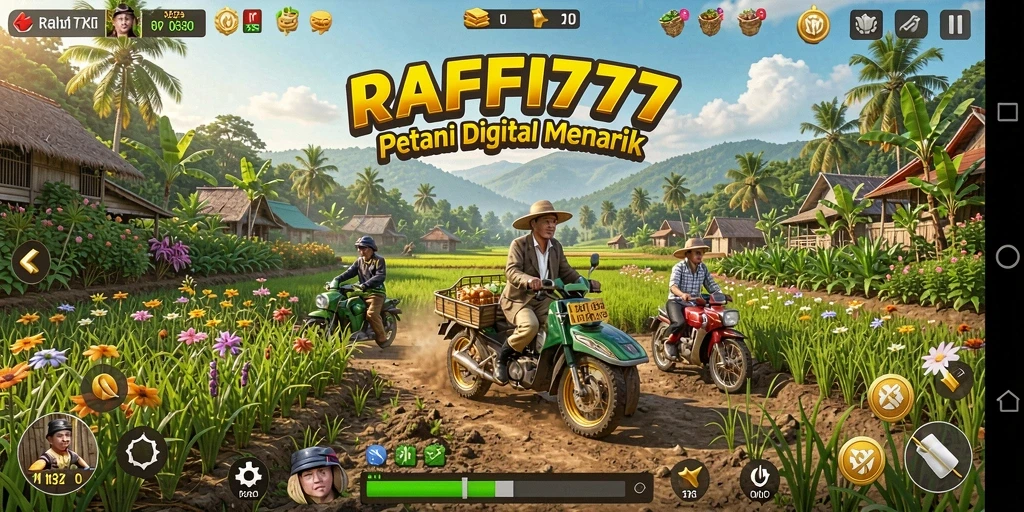 Screenshot gameplay RAFFI777 menampilkan ladang yang subur dan hewan peliharaan.